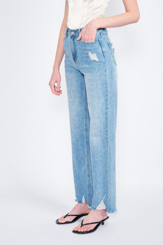 HIGH WAISTED STRAIGHT LEG DISTRESSED DENIM JEANS