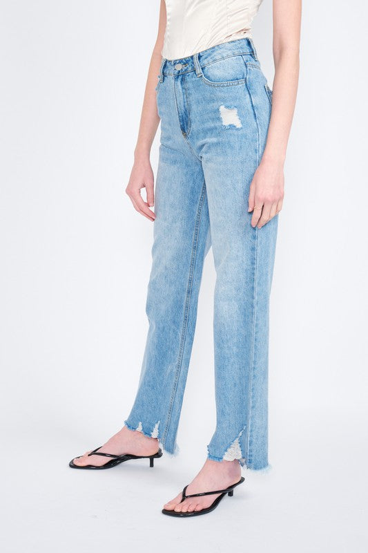 HIGH WAISTED STRAIGHT LEG DISTRESSED DENIM JEANS