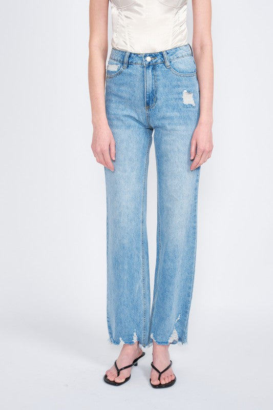 HIGH WAISTED STRAIGHT LEG DISTRESSED DENIM JEANS