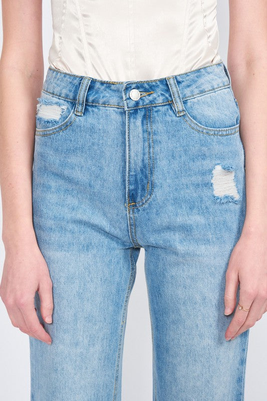 HIGH WAISTED STRAIGHT LEG DISTRESSED DENIM JEANS