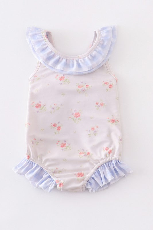 Yellow floral print ruffle girl swimsuit