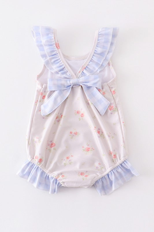 Yellow floral print ruffle girl swimsuit