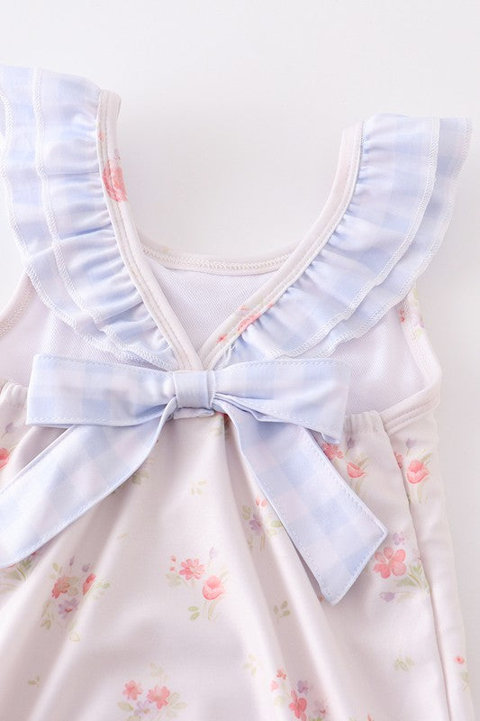 Yellow floral print ruffle girl swimsuit
