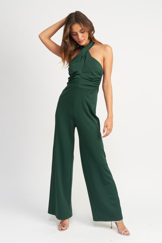 HALTER NECK RUCHED JUMPSUIT
