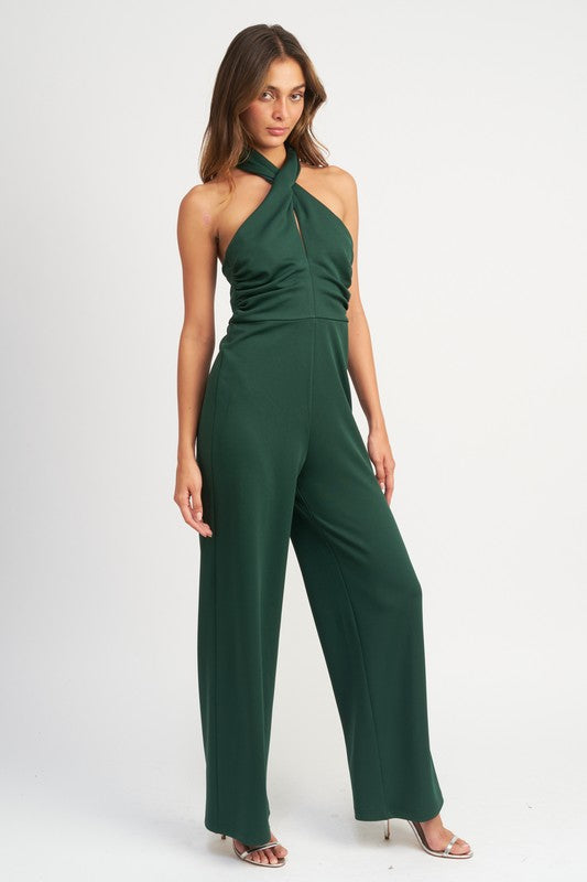 HALTER NECK RUCHED JUMPSUIT