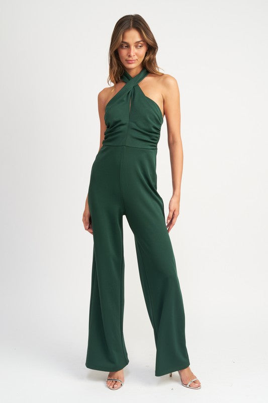 HALTER NECK RUCHED JUMPSUIT