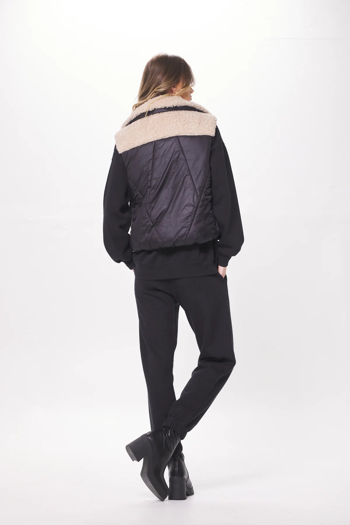 BLACK & CREAM MIXED MEDIA PUFFER SHEARLING VEST