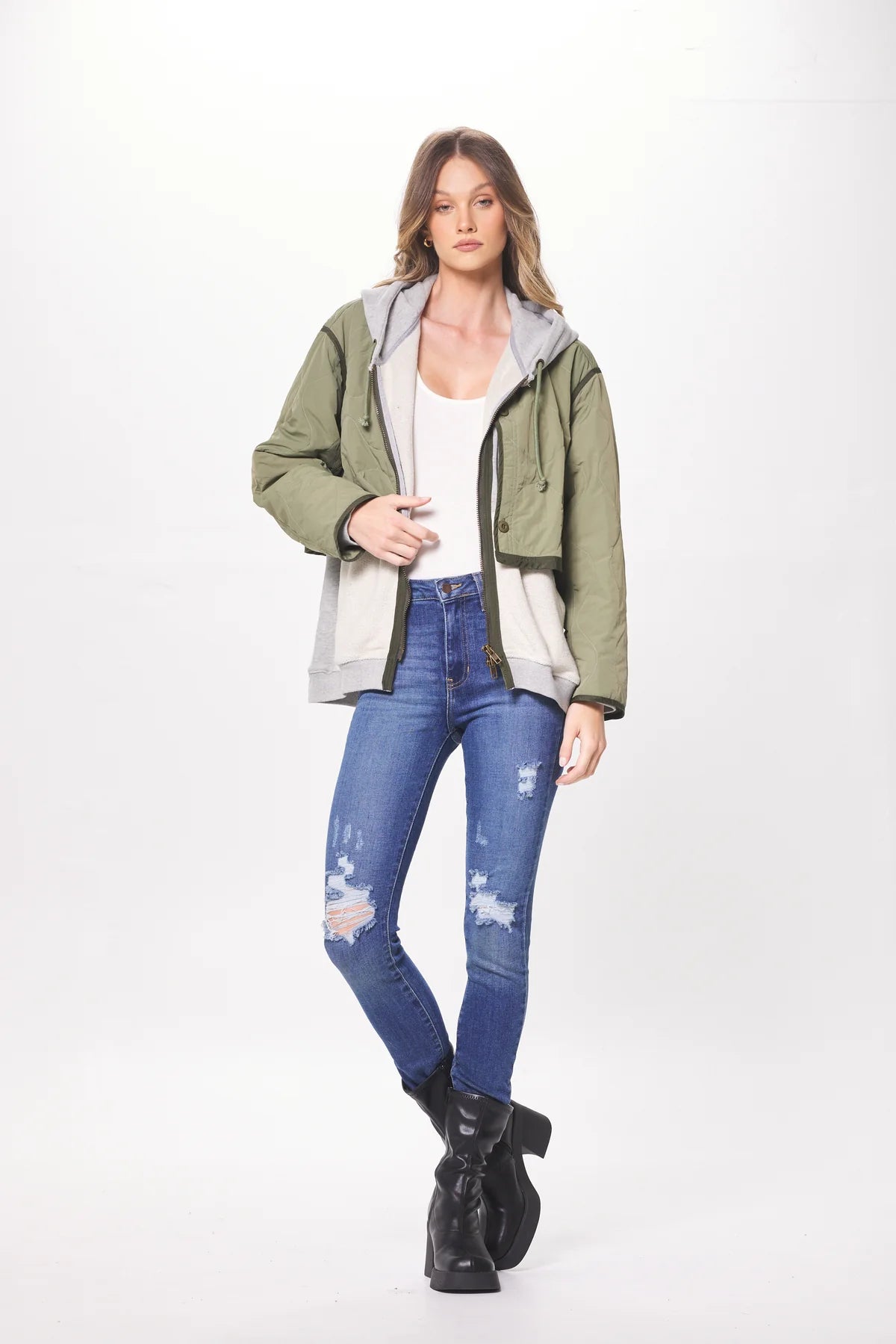 HEATHER GREY & OLIVE COMBO LAYERED JACKET