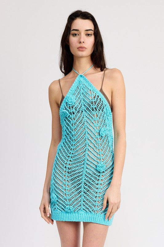 HALTER NECK CROCHET DRESS WITH FLOWER DETAIL Bluetique HALTER NECK CROCHET DRESS WITH FLOWER DETAIL Bluetique