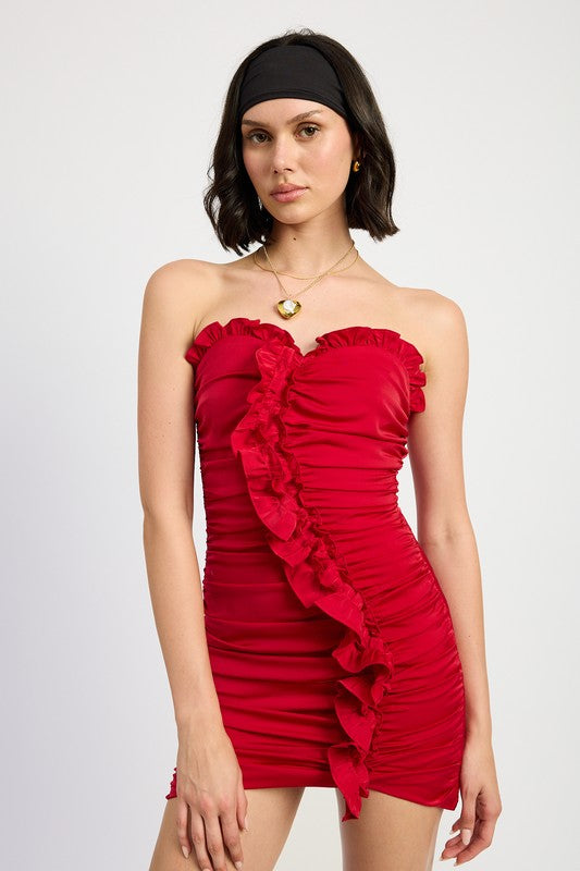 area ruched ruffle dress Fitted Yellow Long Prom with Slit Pink / 00 Step into the spotlight with our enchanting Yellow A Ava Presley Drop Waist Ruched