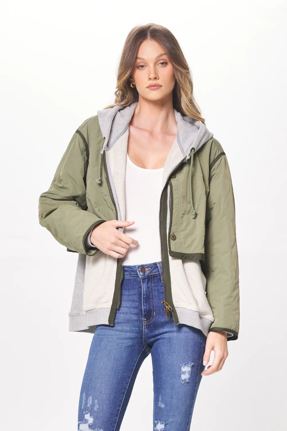 HEATHER GREY & OLIVE COMBO LAYERED JACKET