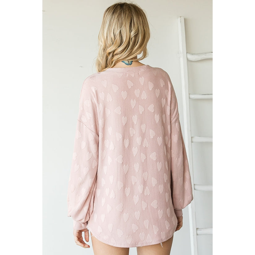 Soft Heart Jacquard Knit V Neck Long Sleeve Top