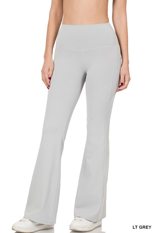 Yoga pants Wide elastic waistband that can be folded down, and wide legs  with cuffs at the hem.