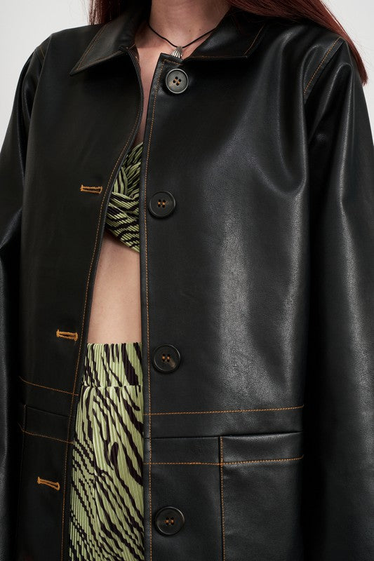 BUTTON UP LEATHER JACKET WITH CONTRAST STITCHING