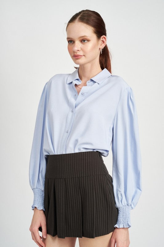 BUTTON UP COLLARED BLOUSE WITH SMOCKING