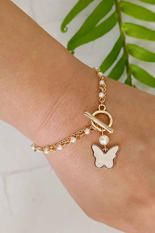 Layered Pearl Chain Butterfly Bracelet