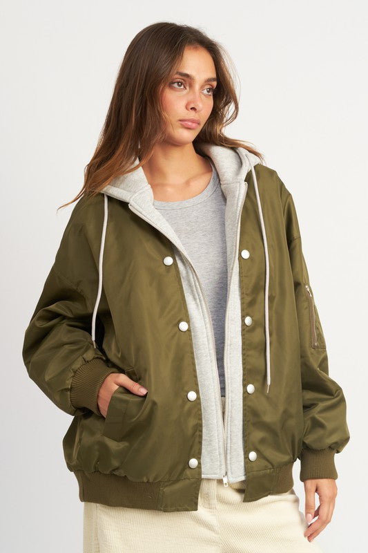 CONTRASTED BOMBER JACKET WITH HOODIE