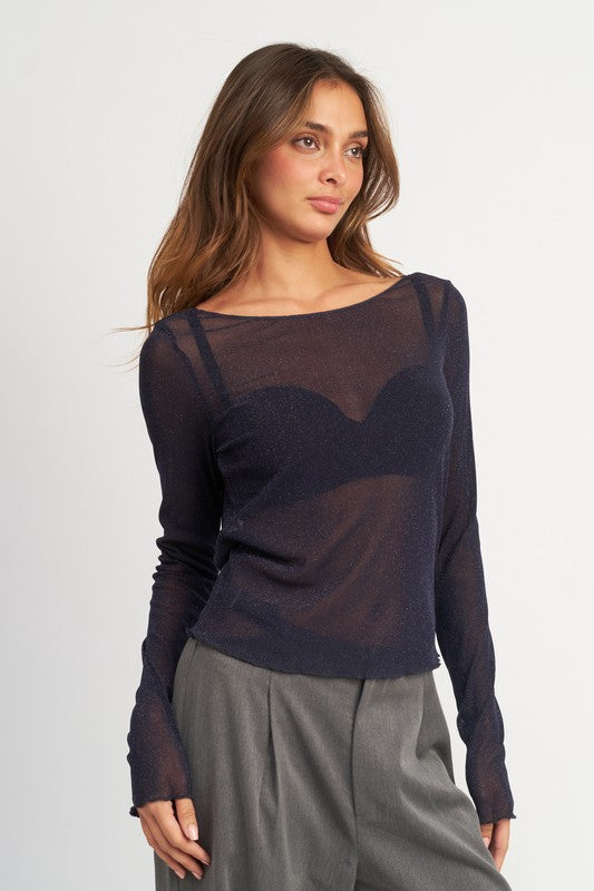 GLITTER MESH TOP WITH BACK COWL