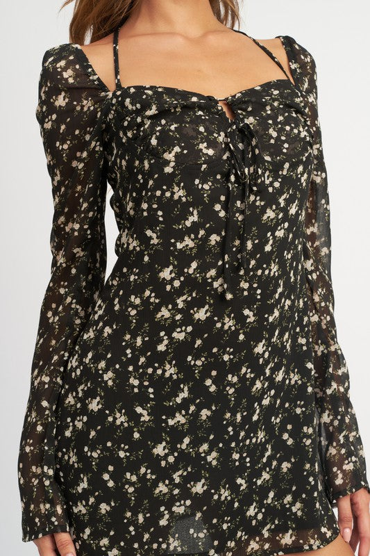 FLORAL LONG SLEEVE DRESS WITH HALTER DETAIL