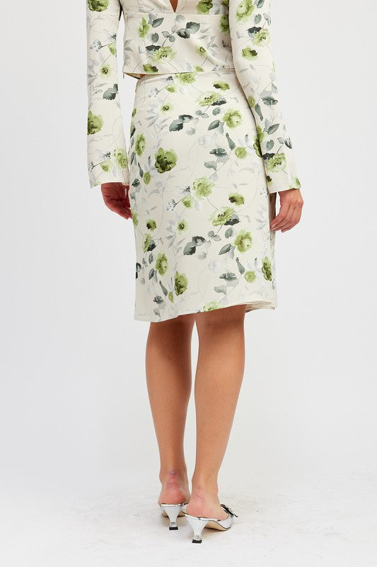 FLORAL MIDI SKIRT WITH FRONT DRAWSTRING