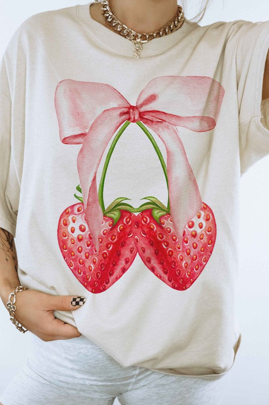 COQUETTE STRAWBERRY RIBBON BOW GRAPHIC TEE