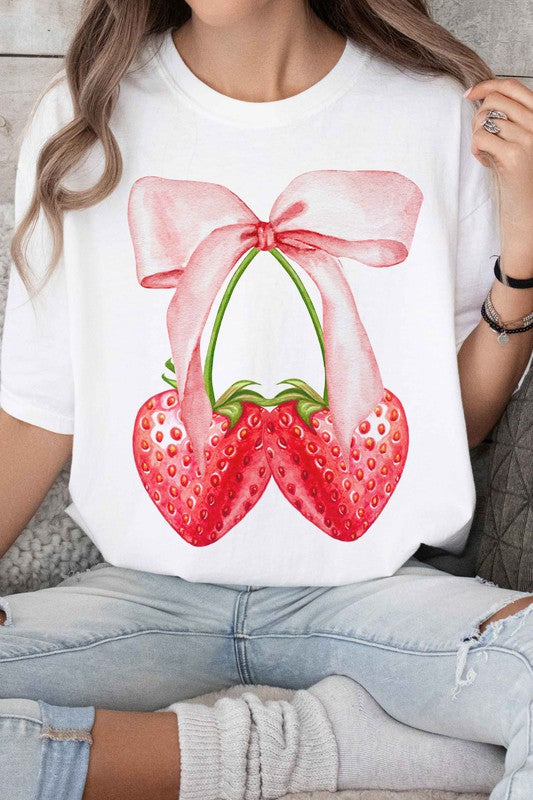 COQUETTE STRAWBERRY RIBBON BOW GRAPHIC TEE