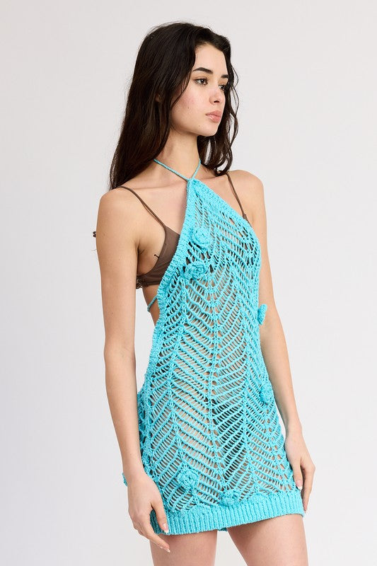 HALTER NECK CROCHET DRESS WITH FLOWER DETAIL Bluetique HALTER NECK CROCHET DRESS WITH FLOWER DETAIL Bluetique