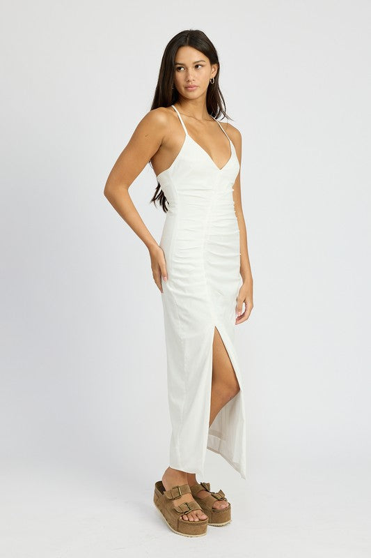 RUCHED SATIN DRESS WITH CROSSED BACK