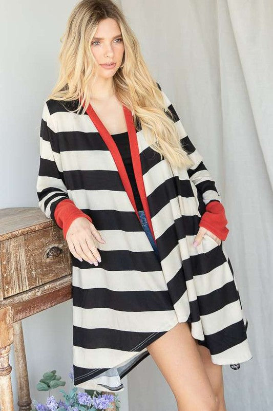 Open Front Striped Draped Cardigan