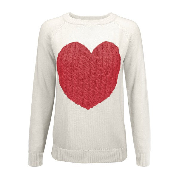 Love Heart Jacquard Round Neck Pullover Sweater