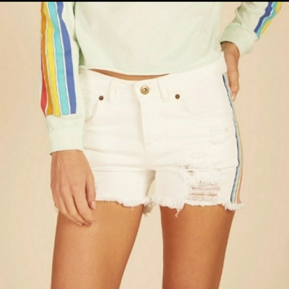 CLEARANCE! Vintage Havana White denim shorts with rainbow side stripe
